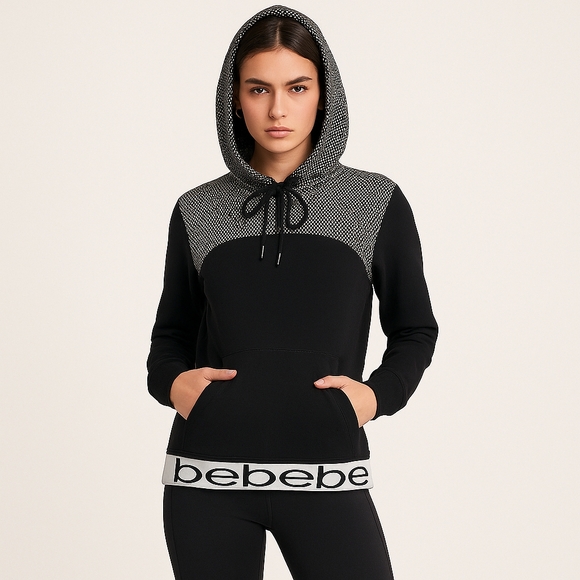 Bebe Logo Trim Black Hoodie Sweatshirt Size M - Picture 1 of 4